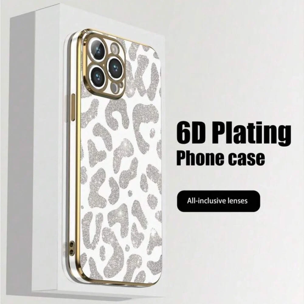 White & gold glitter animal print electroplate iPhone 14 Pro case, never used.
